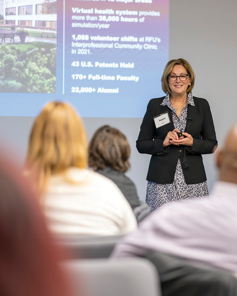 Sandra Larson, PhD, CRNA, APRN, FAANA, FNAP, presenting information to the Lake County business community on the nursing shortage and community need.